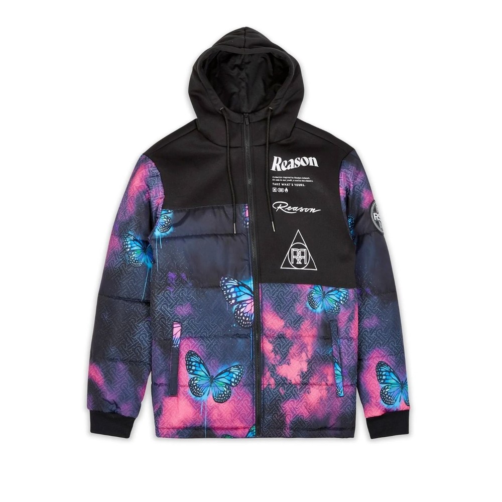 Reason Brand Jacket Men Large Black Blue Butterfly Hybrid Puffer Full Zip Hooded